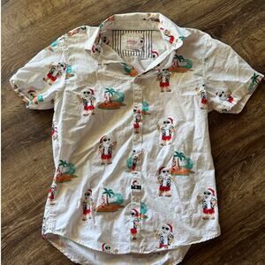 Denim & Flower Mens Holiday Cheer White Santa Button Up Short Sleeve Size Small